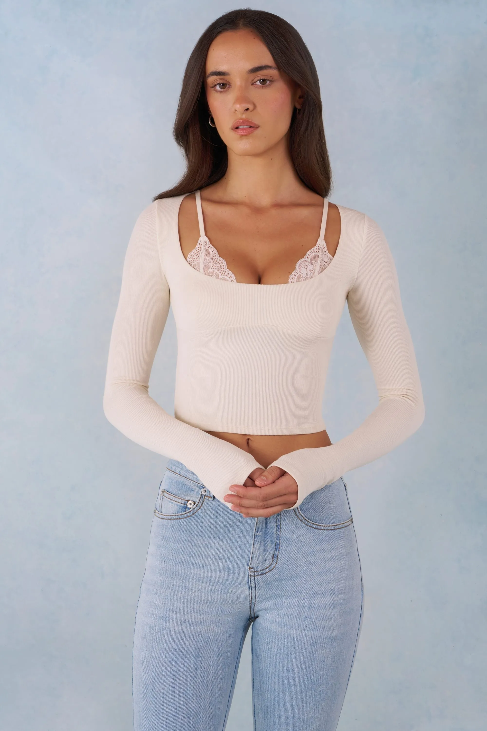 Ribbed Modal Long-Sleeve Laced Bra Top in Ivory sold by Oh Polly
