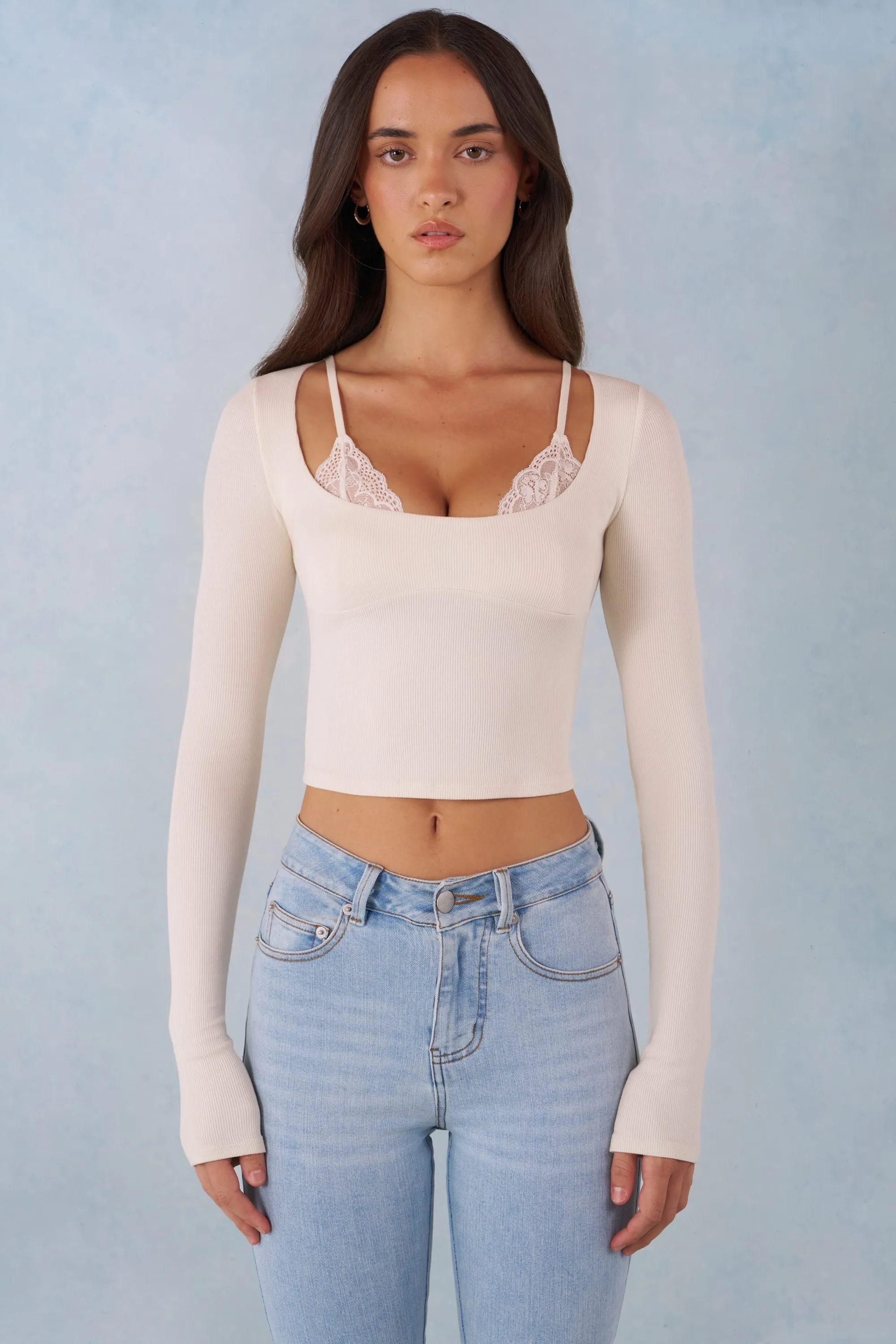 Ribbed Modal Long-Sleeve Laced Bra Top in Ivory sold by Oh Polly product image thumbnail 5