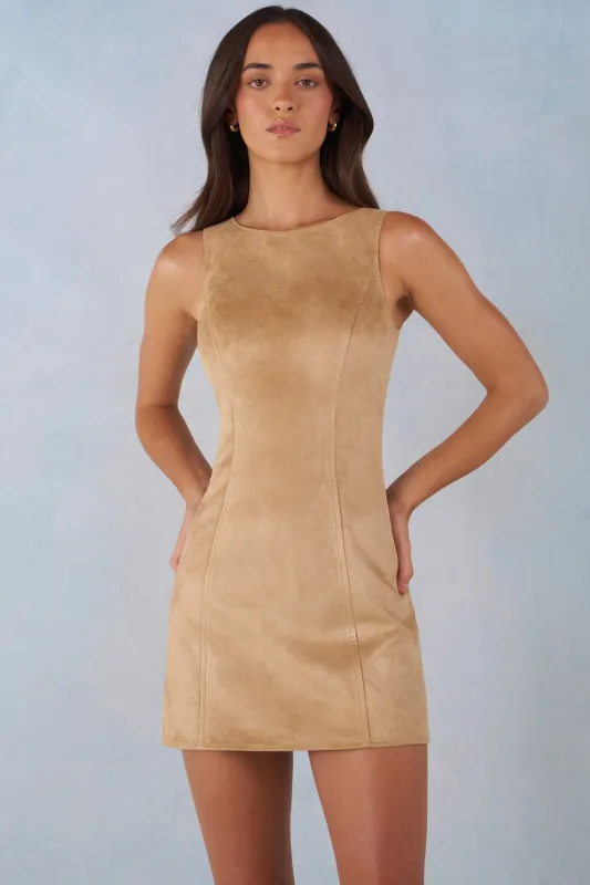 Faux Suede A-Line Mini Dress in Tan sold by Oh Polly