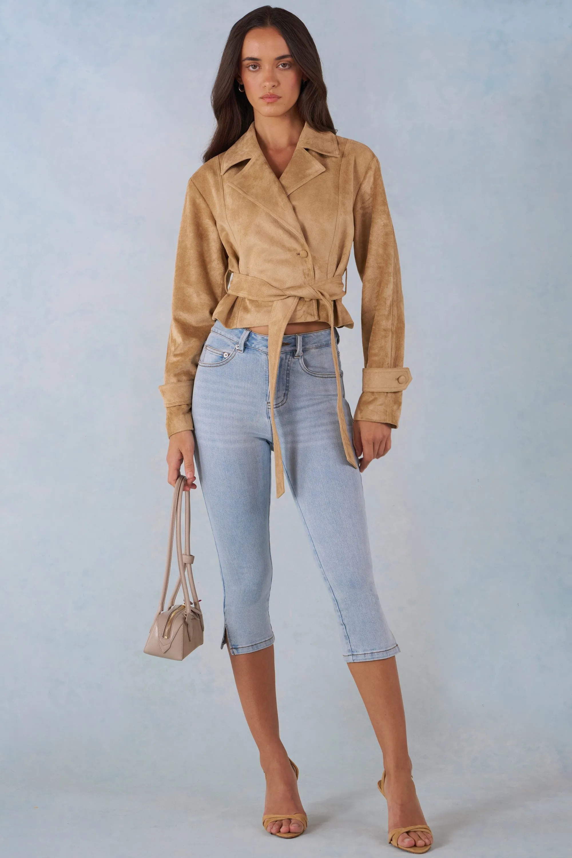 Faux Suede Cropped Belted Jacket in Tan sold by Oh Polly