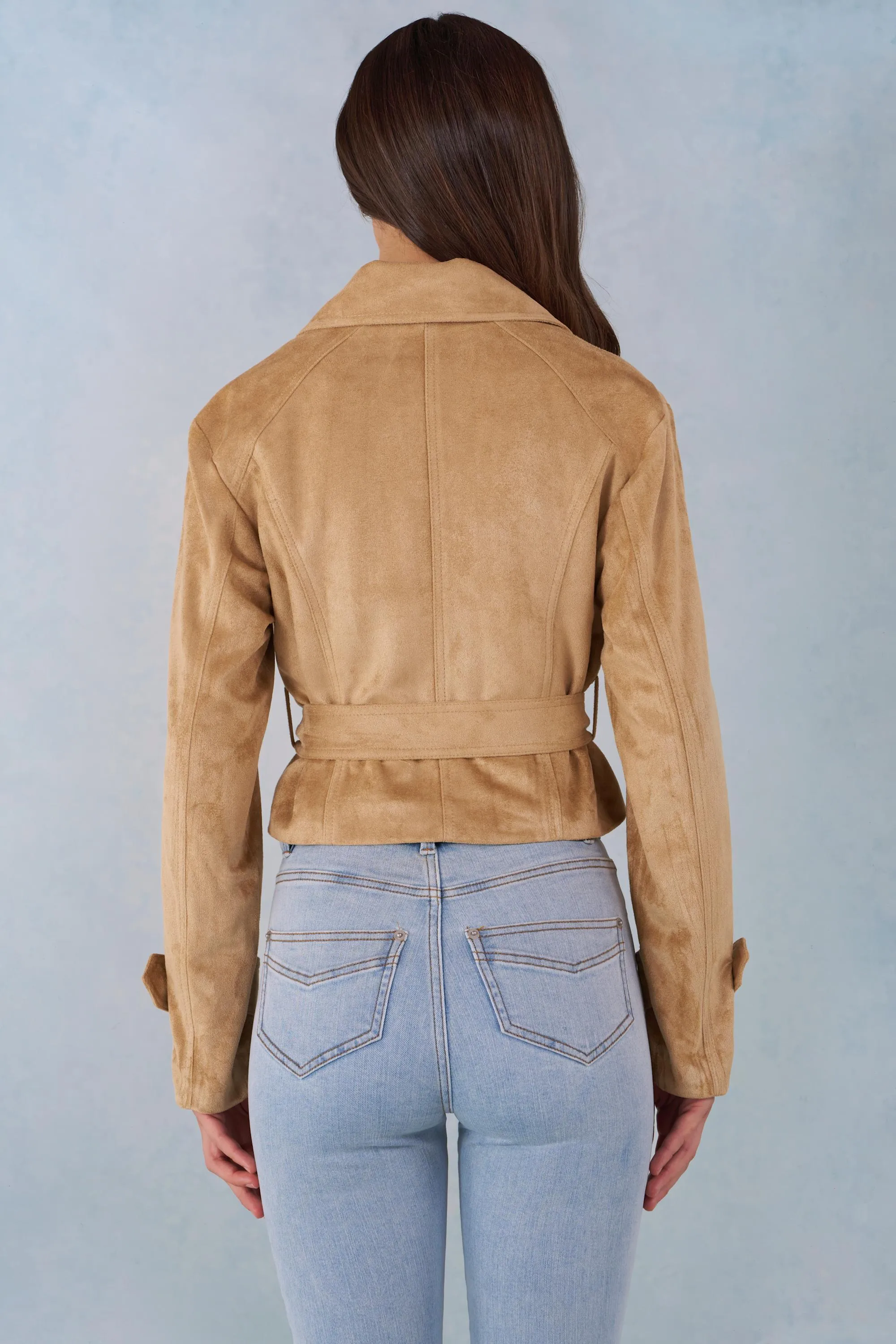 Faux Suede Cropped Belted Jacket in Tan sold by Oh Polly product image thumbnail 3