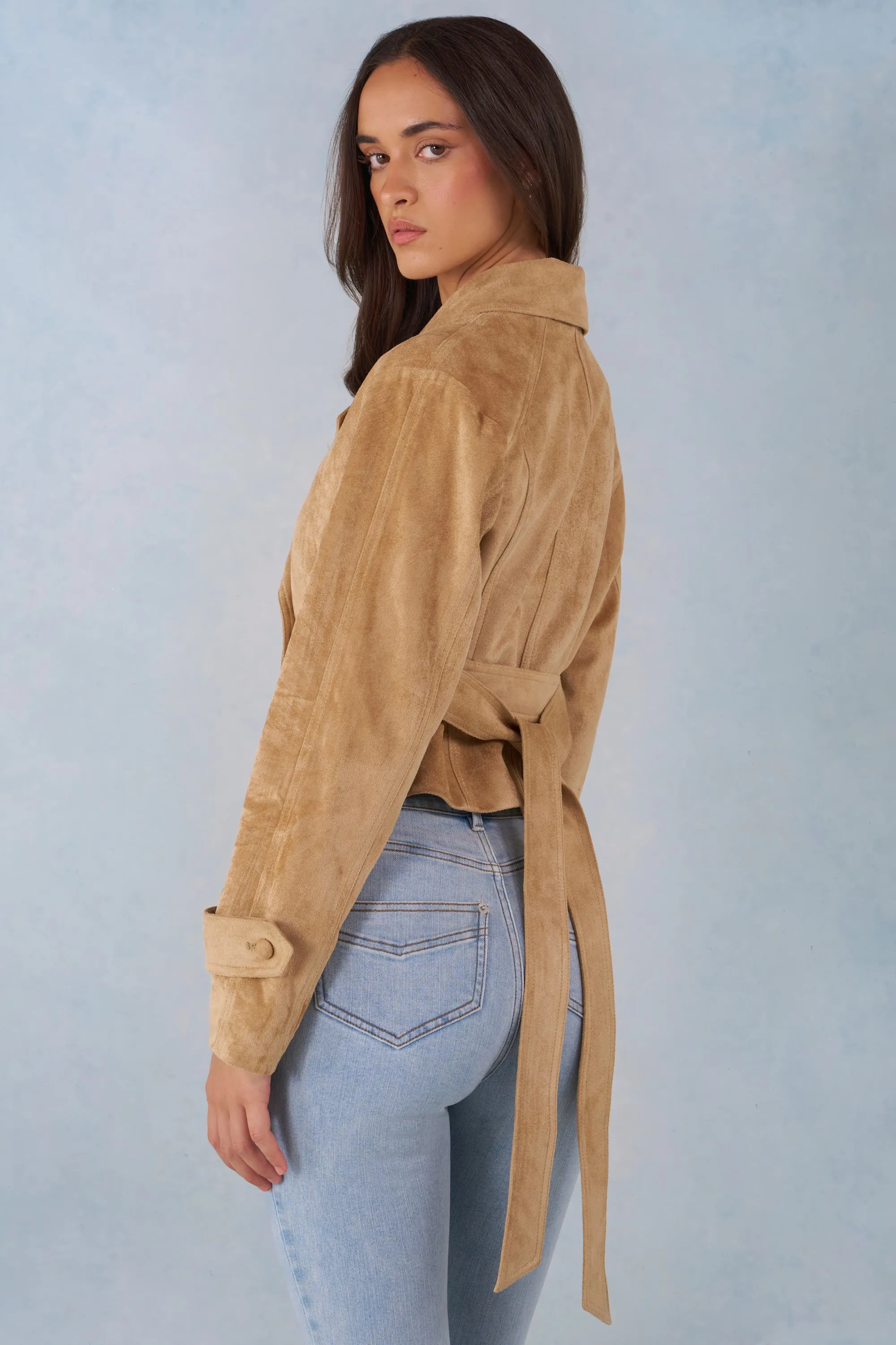 Faux Suede Cropped Belted Jacket in Tan sold by Oh Polly product image thumbnail 2