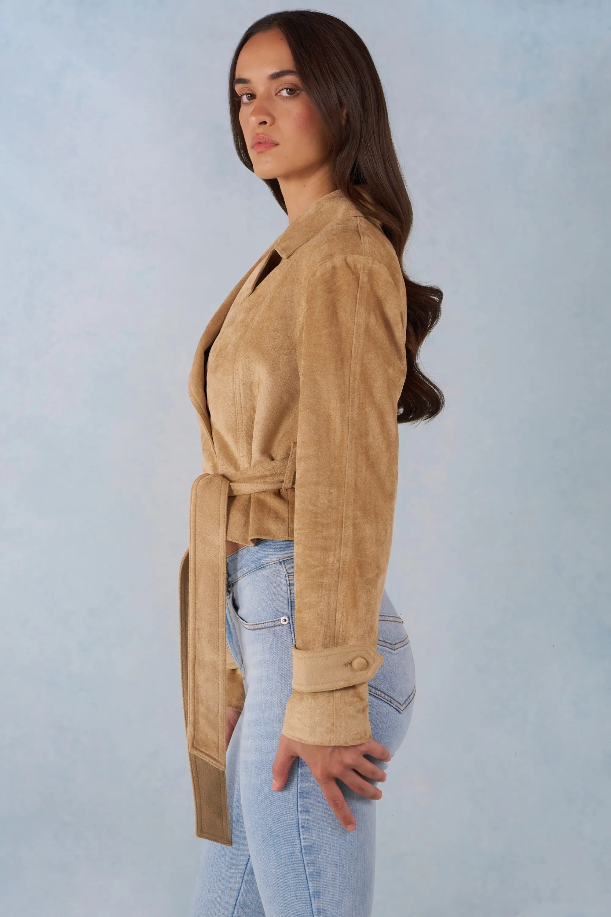 Faux Suede Cropped Belted Jacket in Tan sold by Oh Polly product image thumbnail 4