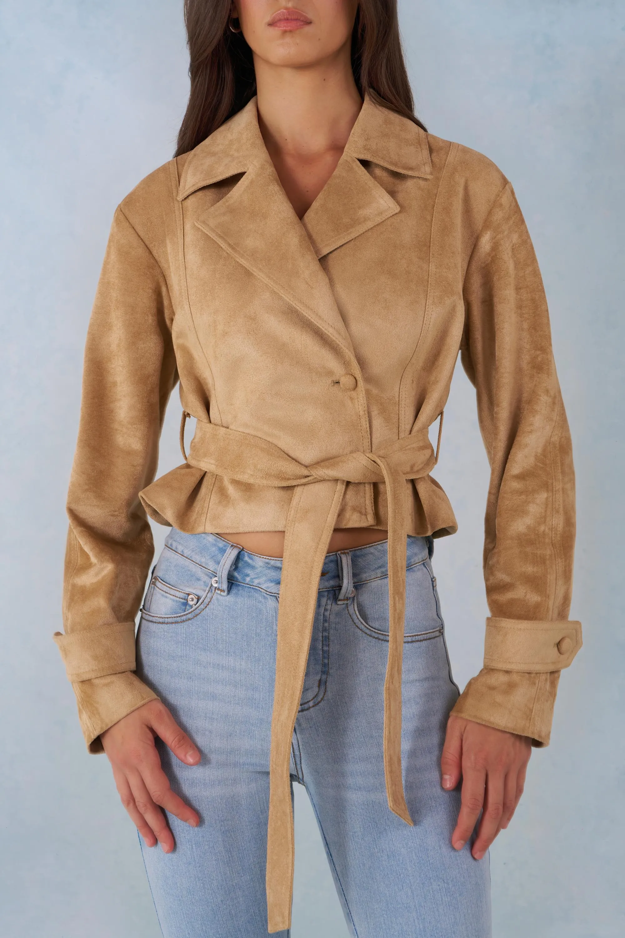 Faux Suede Cropped Belted Jacket in Tan sold by Oh Polly product image thumbnail 5