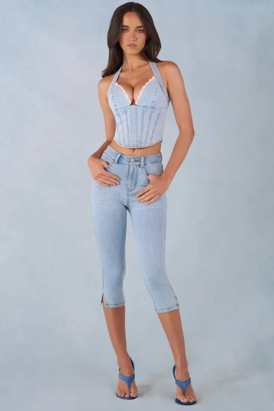 Mid-Rise Denim Capri Jeans in Light Denim sold by Oh Polly