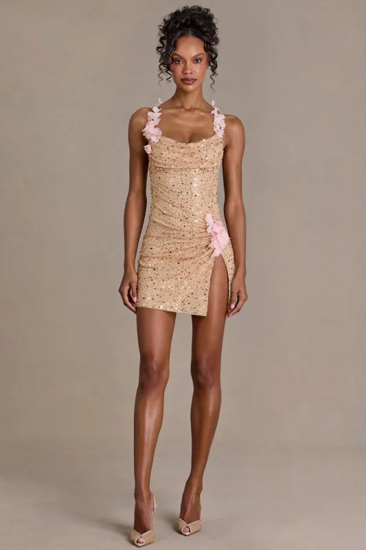Premium Embellished Open-Back Mini Dress in Gold sold by Oh Polly
