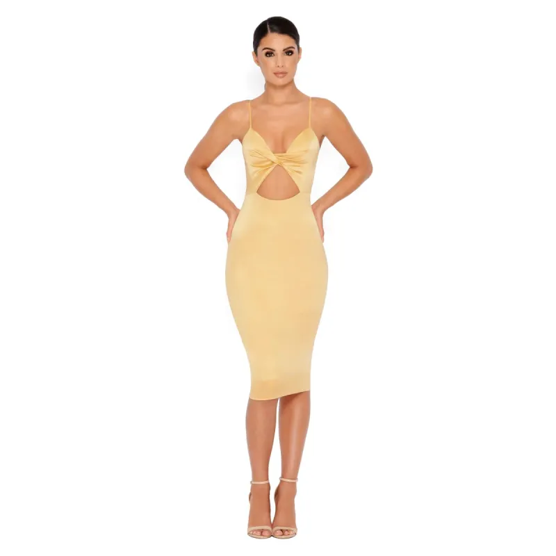 Cut To The Waist Satin Midi Dress in Golden Yellow sold by Oh Polly