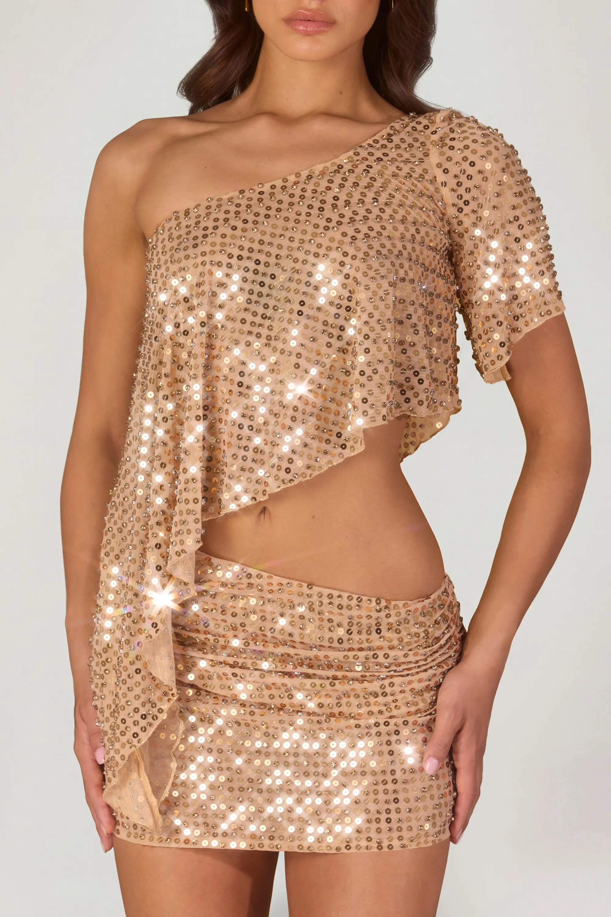 Embellished One-Shoulder Asymmetric Top in Gold sold by Oh Polly product image thumbnail 4