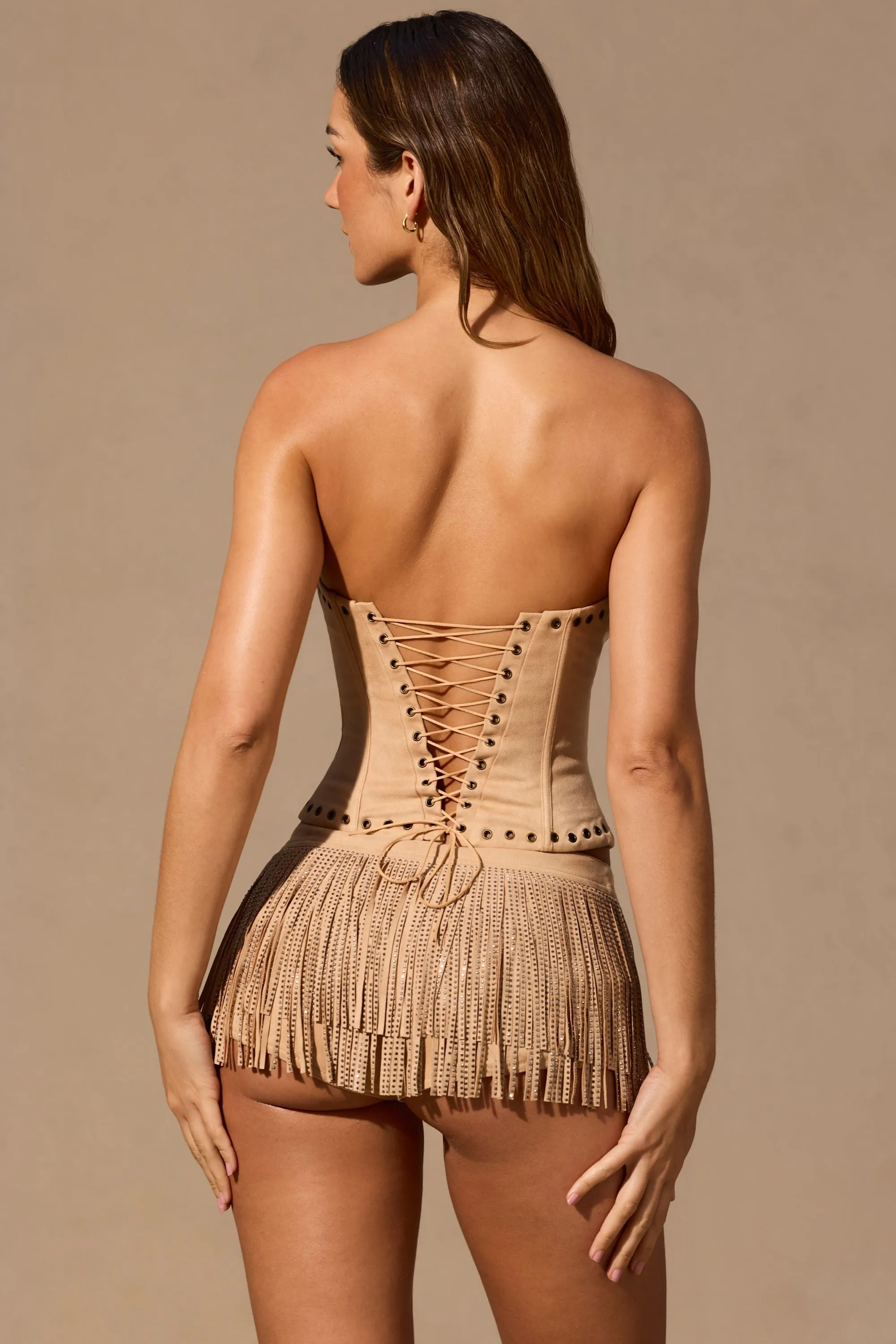Fringed Low-Rise Mini Shorts in Tan sold by Oh Polly product image thumbnail 4