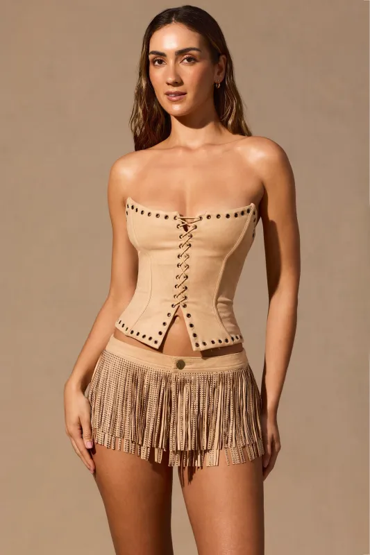 Fringed Low-Rise Mini Shorts in Tan made by Oh Polly