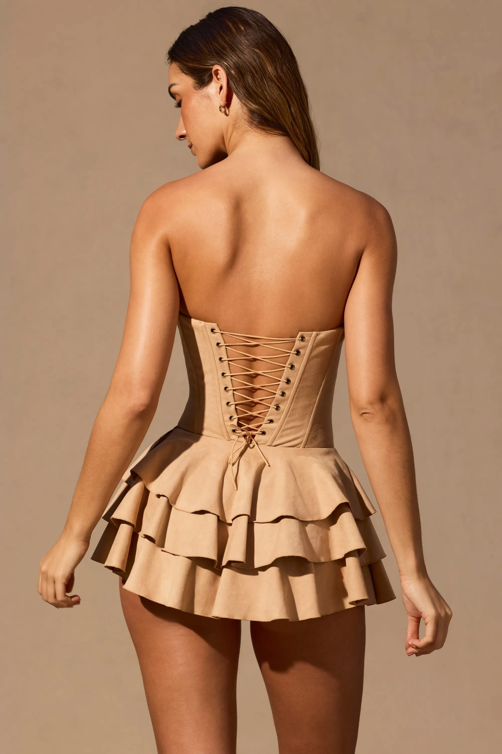 Ruffled Lace-Up Corset Playsuit in Tan sold by Oh Polly product image thumbnail 3