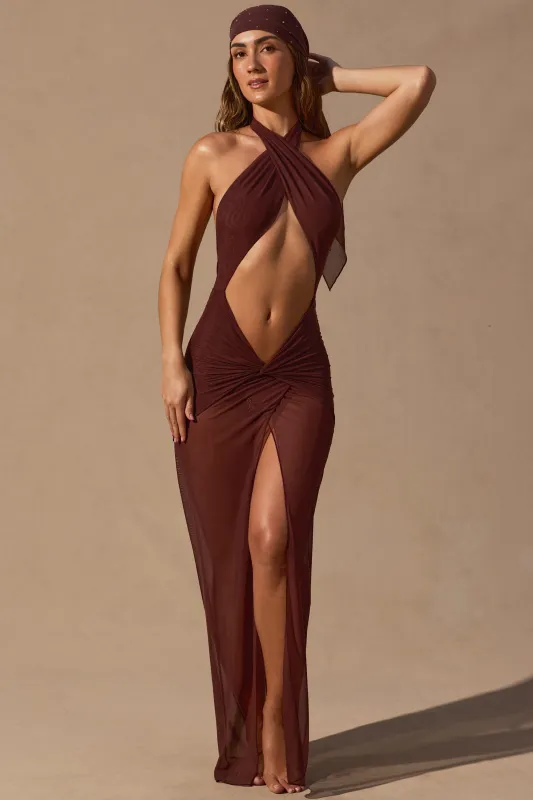 Cut-Out Halterneck Maxi Dress in Espresso Brown made by Oh Polly