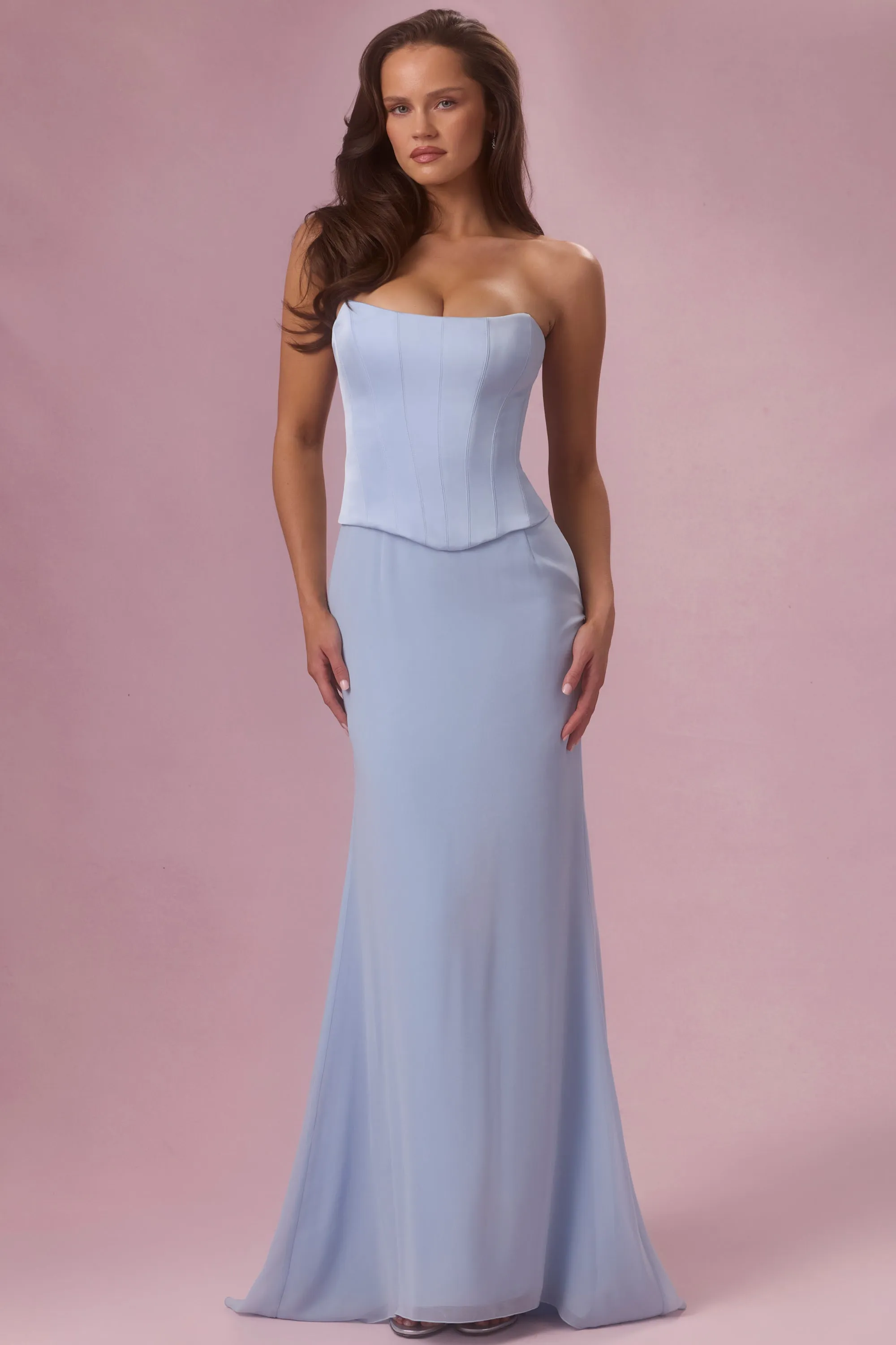 Satin Corset Bridesmaid Dress in Powder Blue sold by Oh Polly