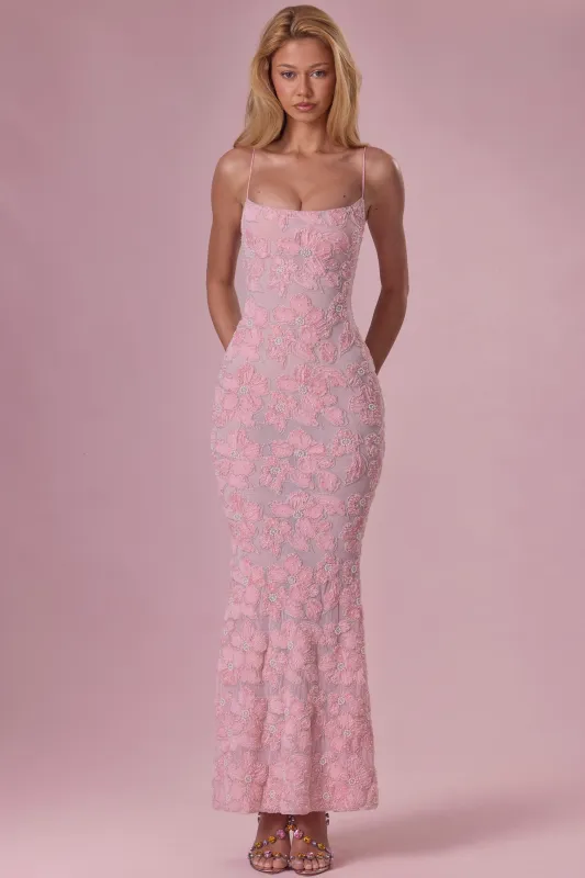 Embellished Square Neck Maxi Dress in Blush Pink made by Oh Polly