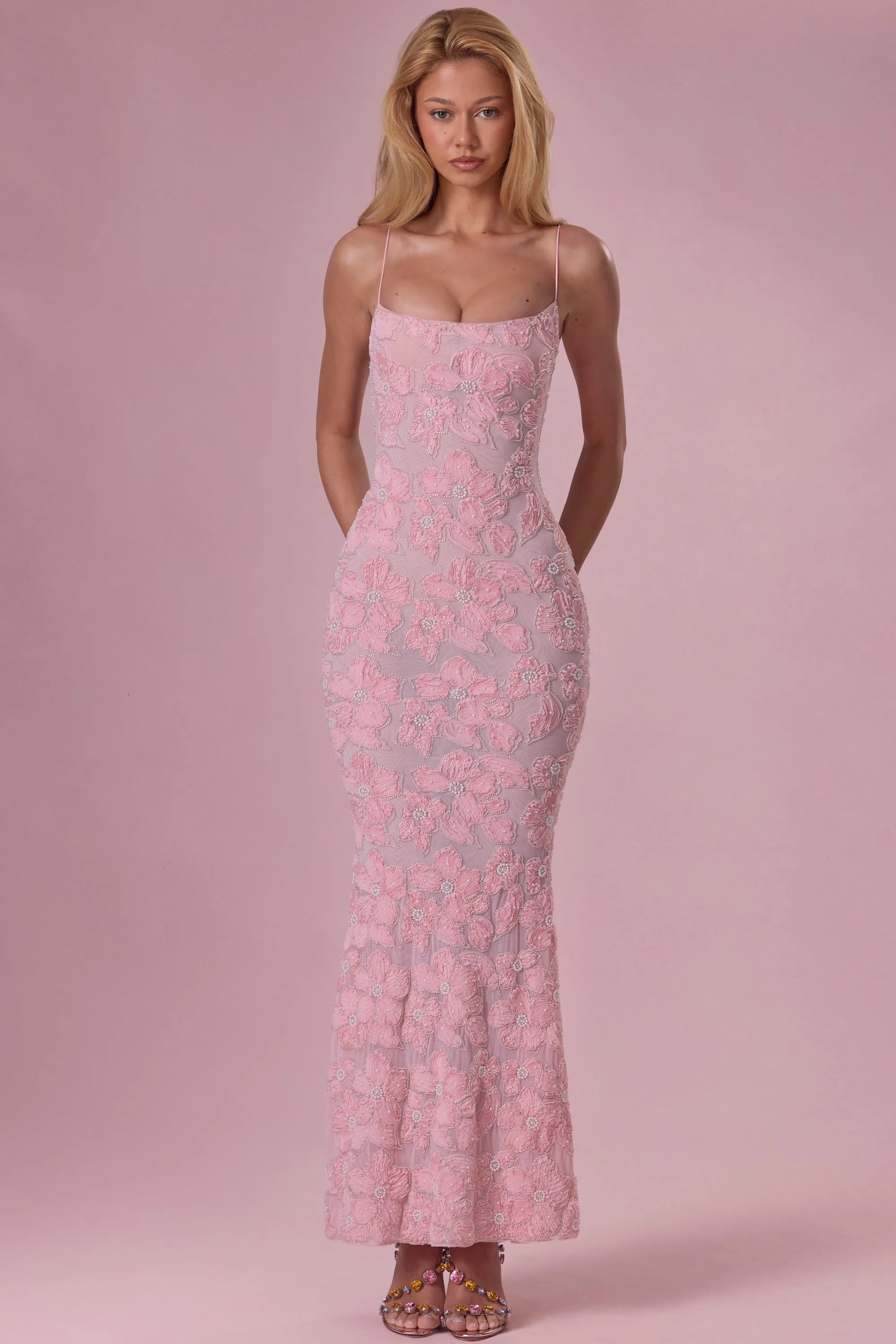 Embellished Square Neck Maxi Dress in Blush sold by Oh Polly