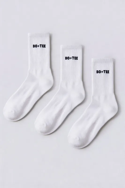 Ribbed Half-Crew 3-Pack Socks in White made by Bo + Tee