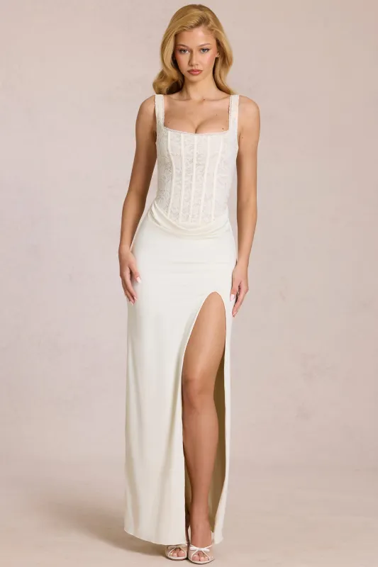 Lace Corset Maxi Dress in Ivory made by Oh Polly