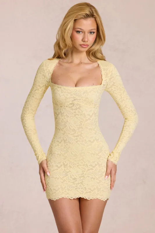 Scalloped-Lace Long-Sleeve Mini Dress in Lemon Yellow made by Oh Polly