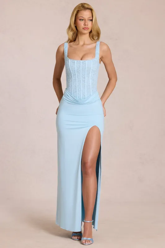 Lace Corset Maxi Dress in Powder Blue made by Oh Polly