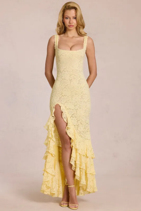 Lace Ruffle Maxi Dress in Lemon Yellow made by Oh Polly