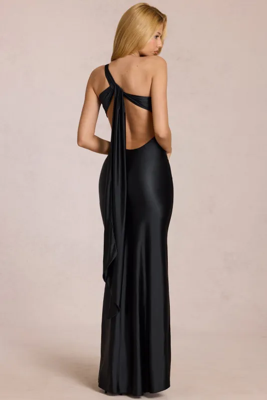 Asymmetric Tie-Back Gown in Black made by Oh Polly