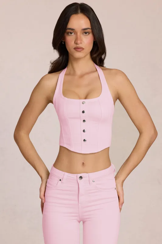 Denim Halterneck Corset Style Top in Blossom Pink made by Oh Polly