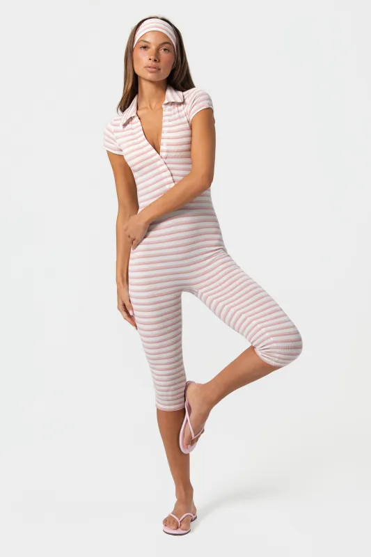 Ribbed Jersey Capri Jumpsuit in Pink Stripe made by Bo + Tee