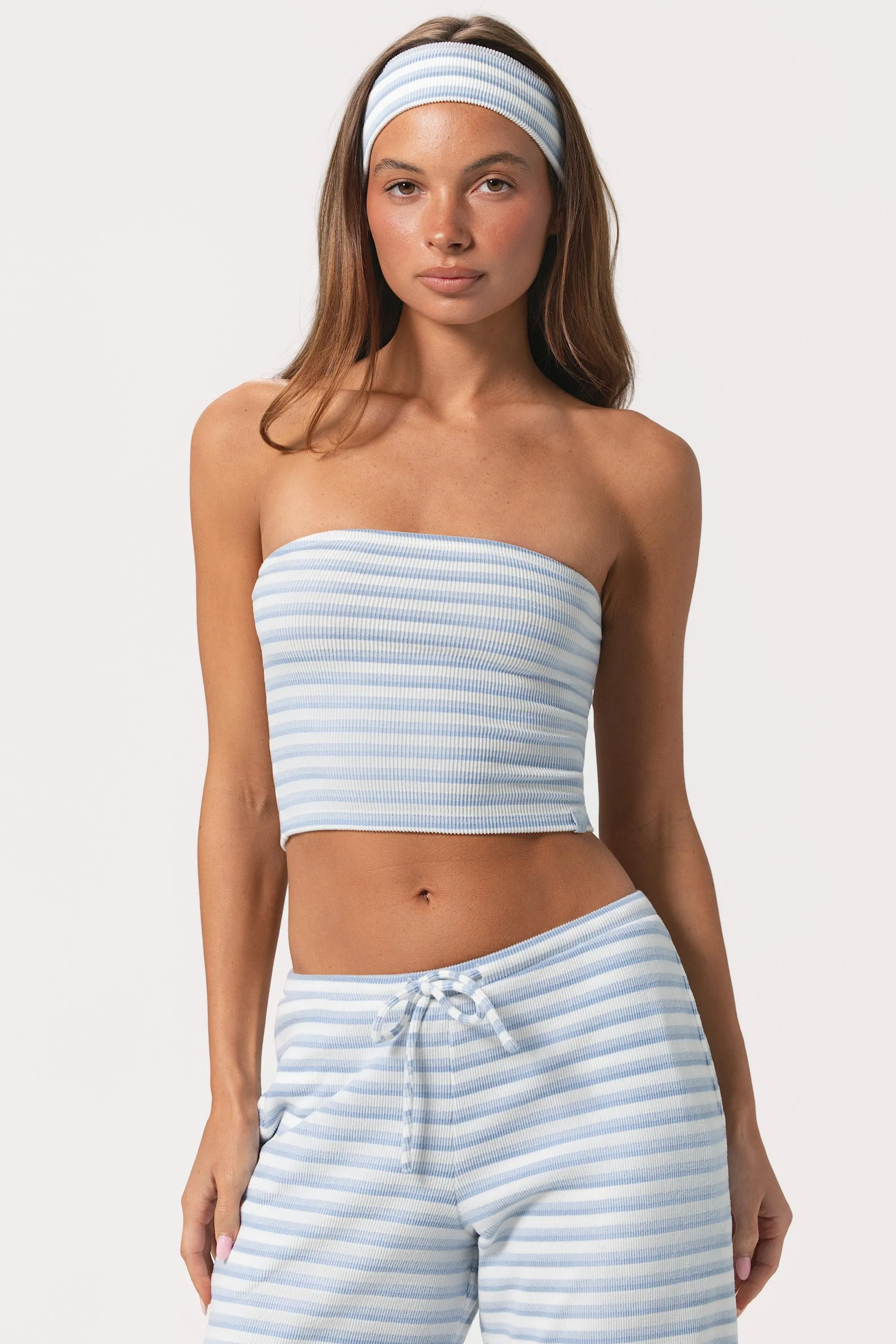 Ribbed Jersey Bandeau Top in Blue Stripe sold by Oh Polly