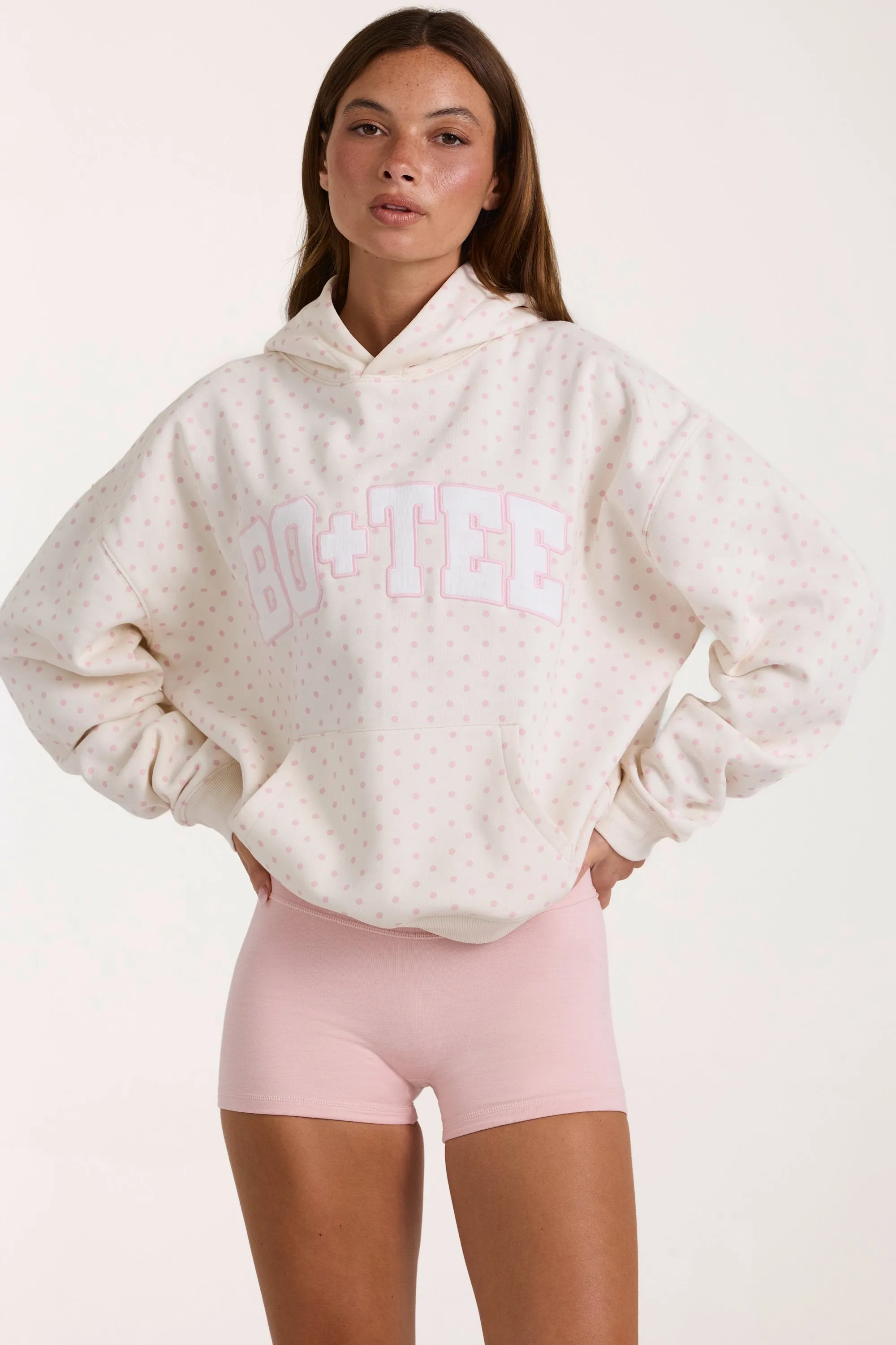 Oversized Applique Hoodie in Ivory Polka Dot sold by Oh Polly
