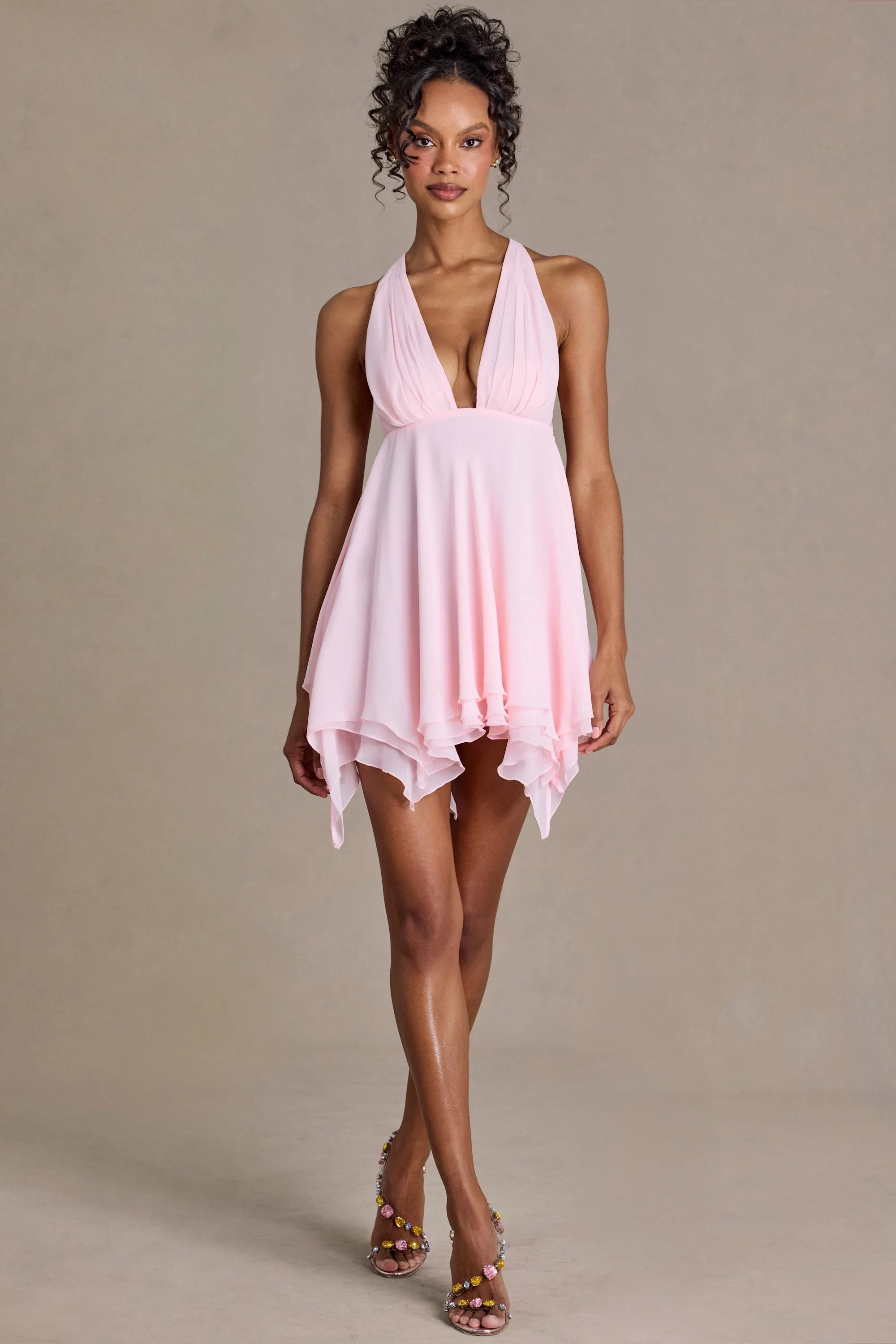Chiffon Plunge-Neck Open-Back Mini Dress in Blossom sold by Oh Polly product image thumbnail 2