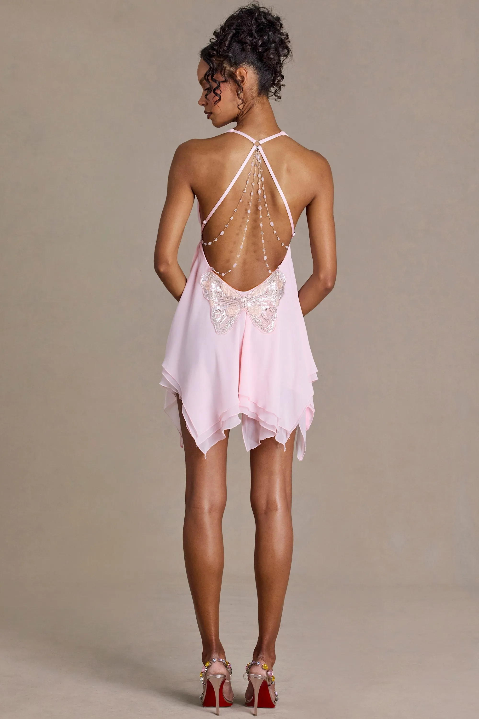 Chiffon Plunge-Neck Open-Back Mini Dress in Blossom sold by Oh Polly product image thumbnail 5