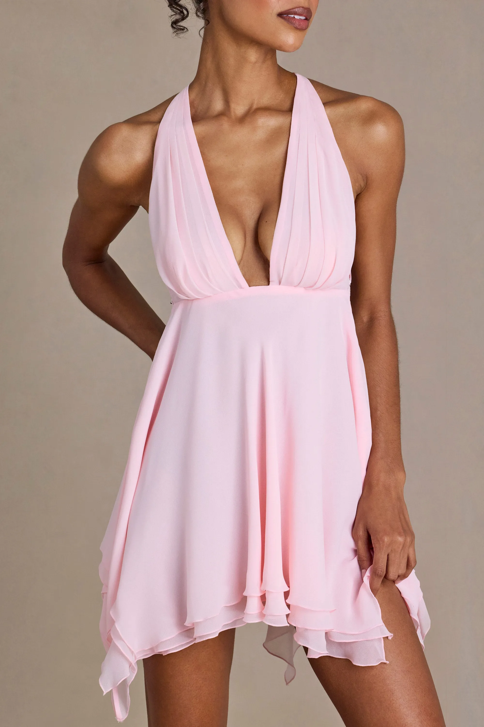 Chiffon Plunge-Neck Open-Back Mini Dress in Blossom sold by Oh Polly product image thumbnail 4