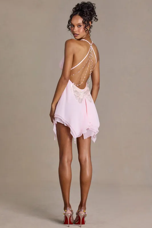 Chiffon Plunge-Neck Open-Back Mini Dress in Blossom made by Oh Polly