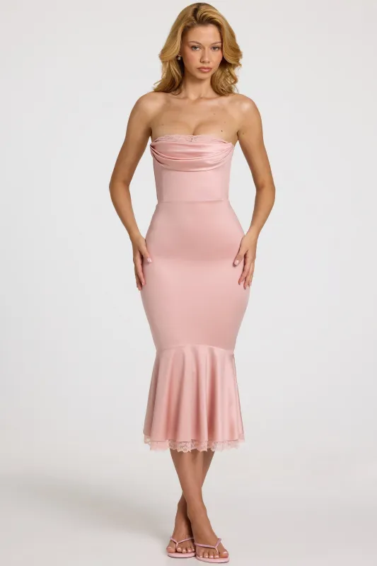 Satin Lace-Trim Bandeau Fluted Midaxi Dress in Blush Pink made by Oh Polly