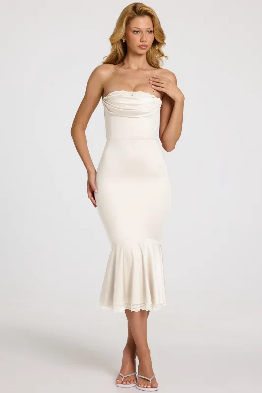 Satin Lace-Trim Bandeau Fluted Midaxi Dress in White made by Oh Polly