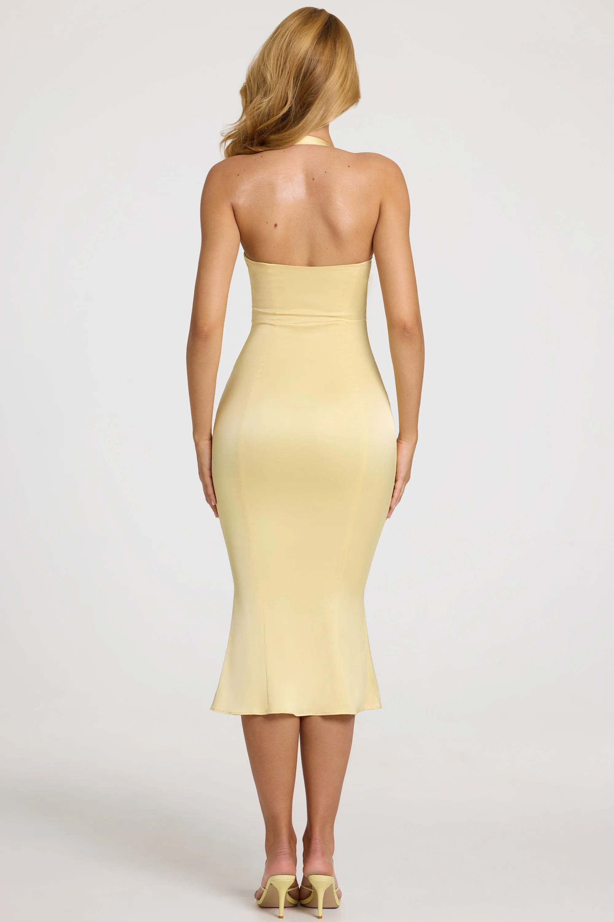 Satin Sweetheart Bustier Fishtail Midaxi Dress in Butter Yellow sold by Oh Polly product image thumbnail 3