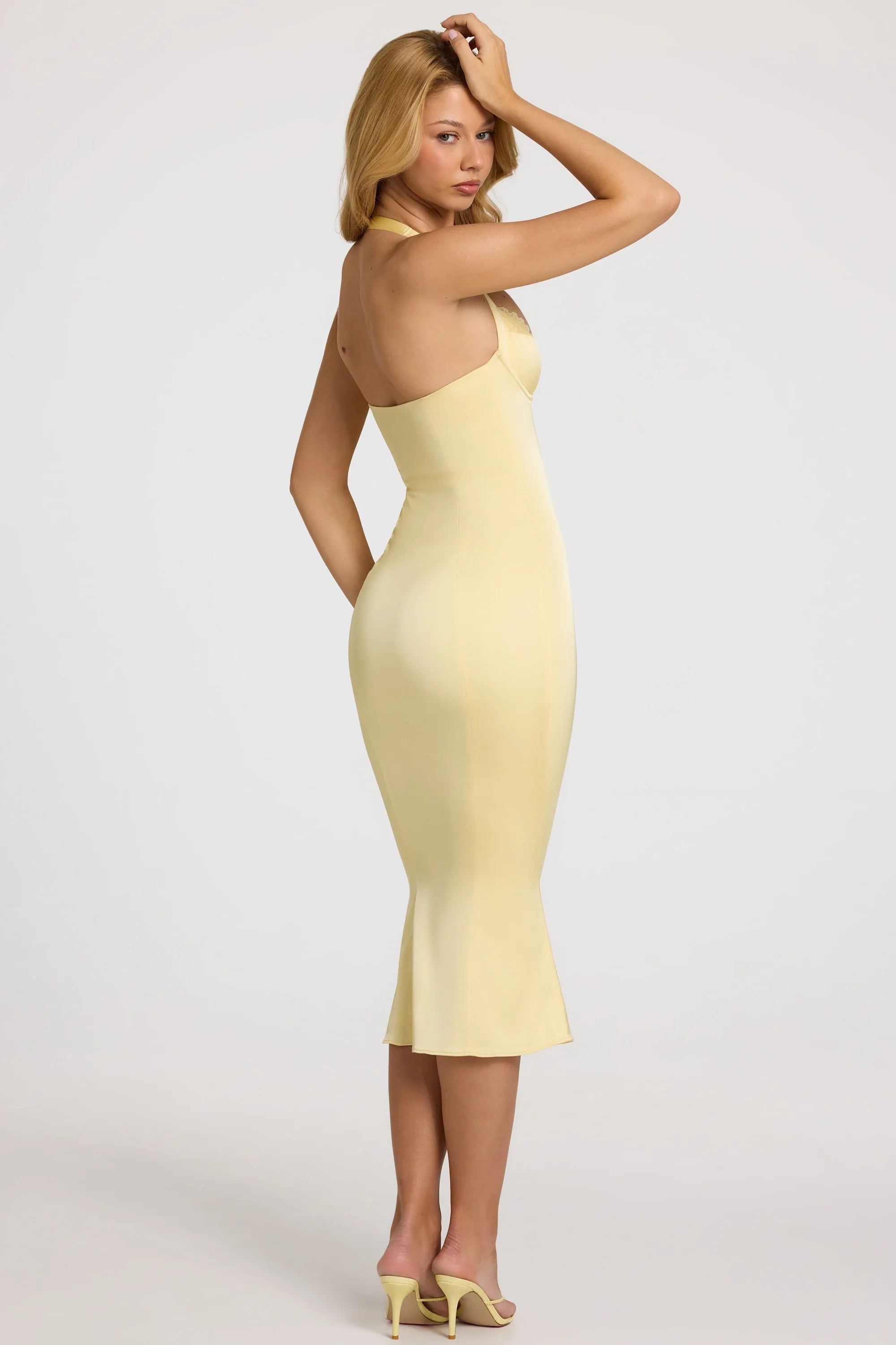 Satin Sweetheart Bustier Fishtail Midaxi Dress in Butter Yellow sold by Oh Polly product image thumbnail 2