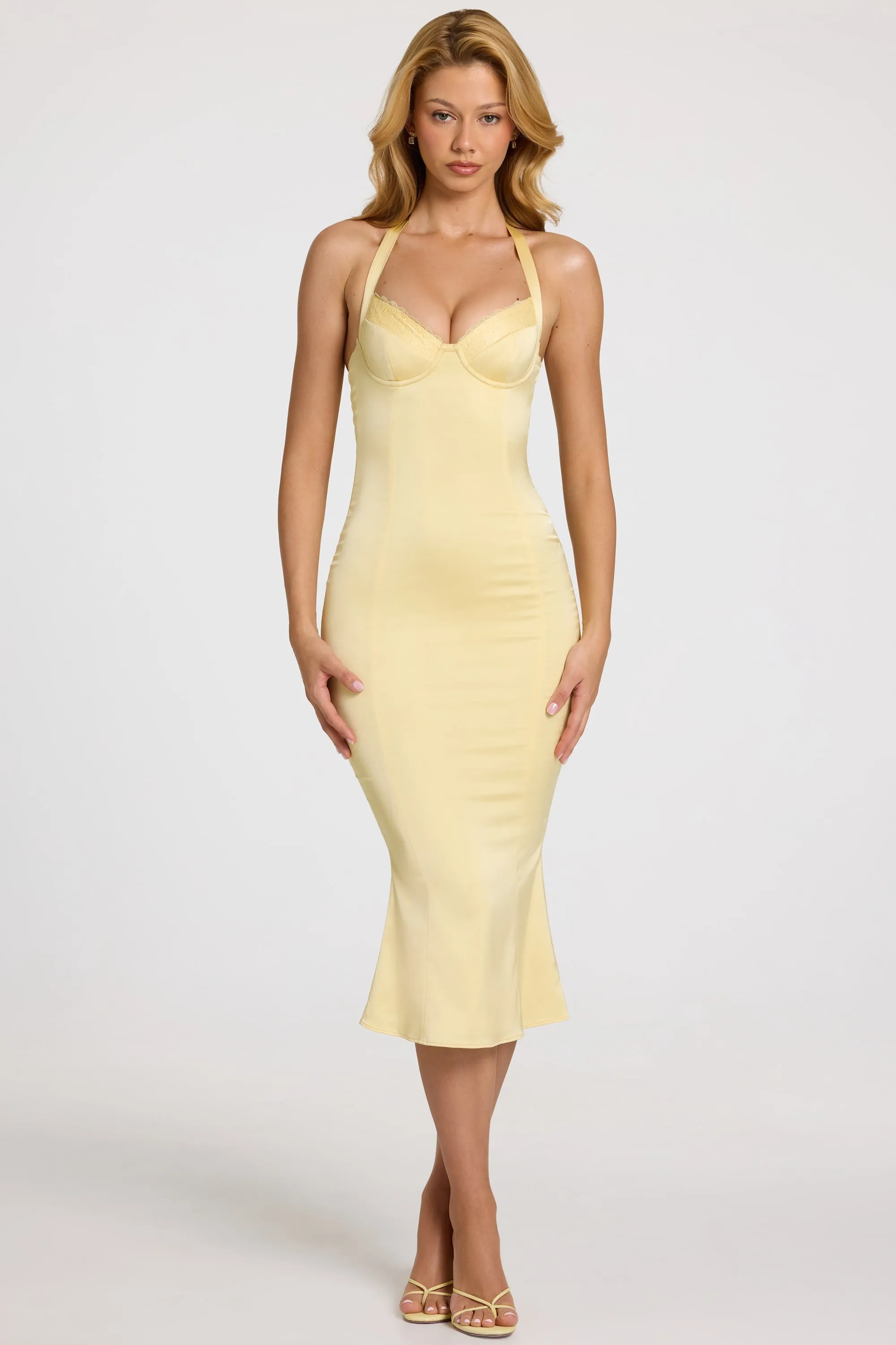 Satin Sweetheart Bustier Fishtail Midaxi Dress in Butter Yellow sold by Oh Polly product image thumbnail 5