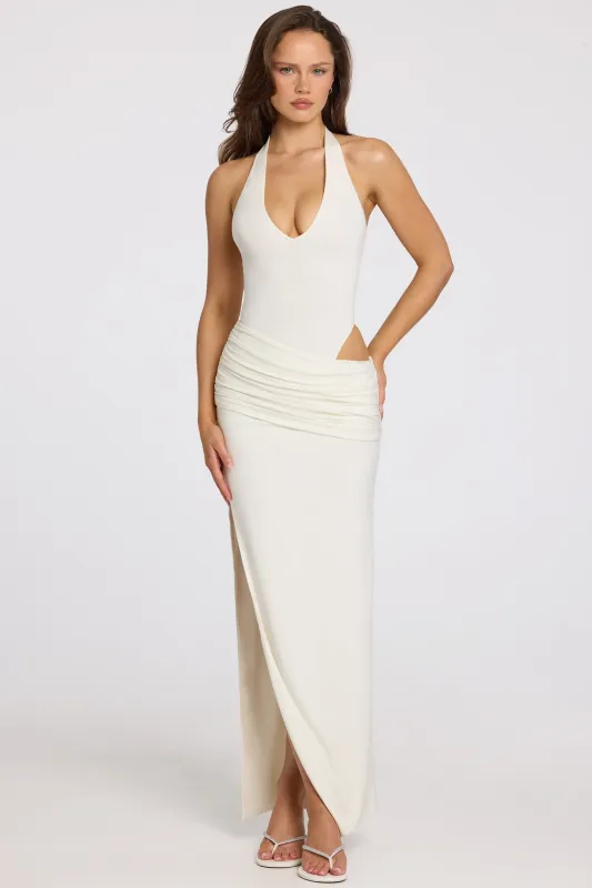 Deep Plunge Halterneck Maxi Dress in White made by Oh Polly