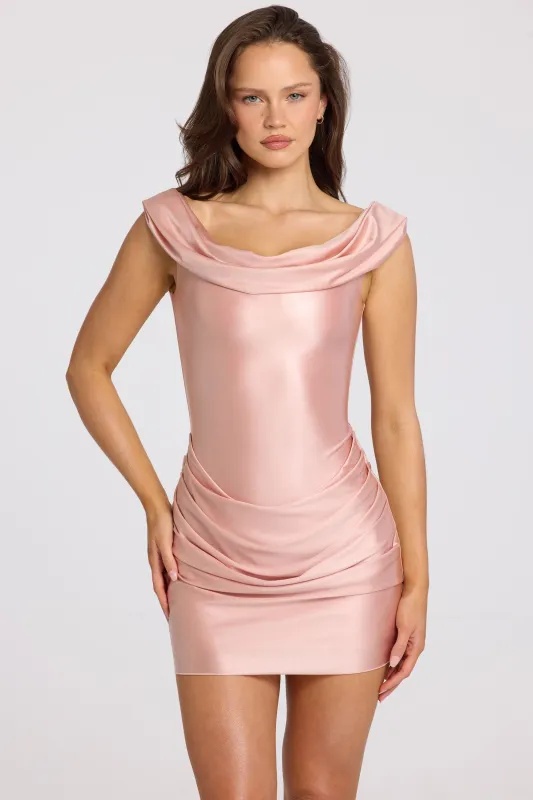 Satin Off-Shoulder Draped Mini Dress in Blush Pink made by Oh Polly