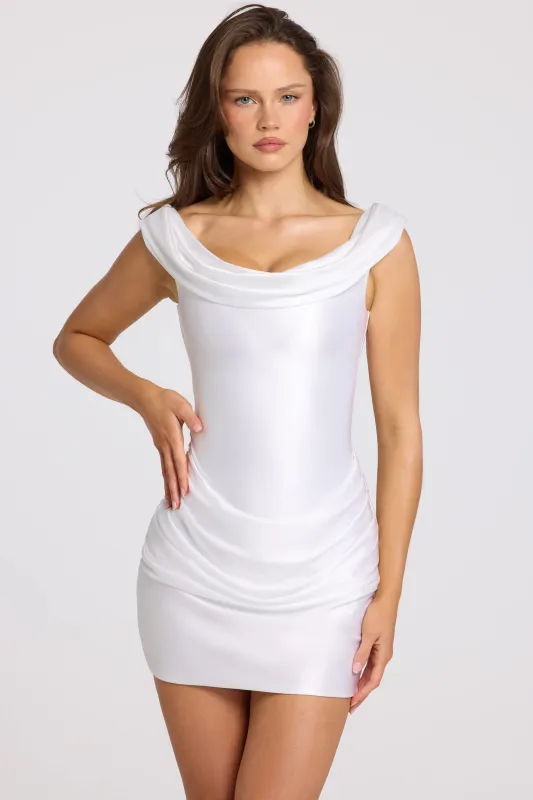 Satin Off-Shoulder Draped Mini Dress in White made by Oh Polly