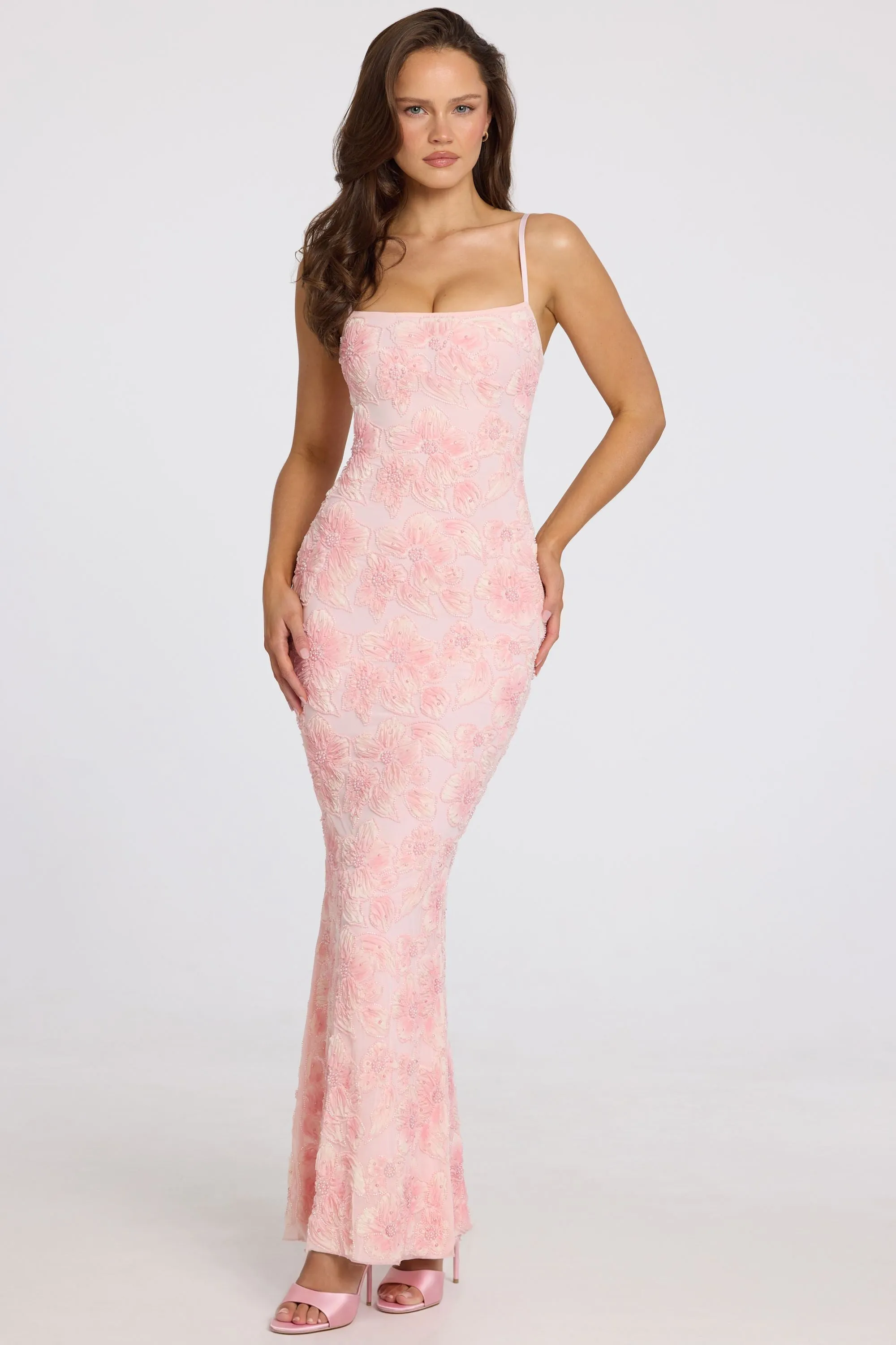 Embellished Square-Neck Maxi Dress in Soft Pink Ombre sold by Oh Polly