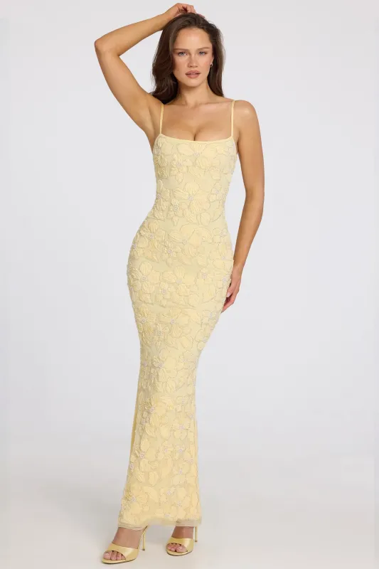 Embellished Square-Neck Maxi Dress in Butter Yellow made by Oh Polly