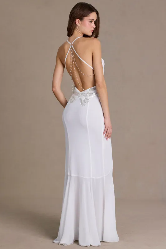 Chiffon Cowl-Neck Open-Back Gown in Snow made by Oh Polly