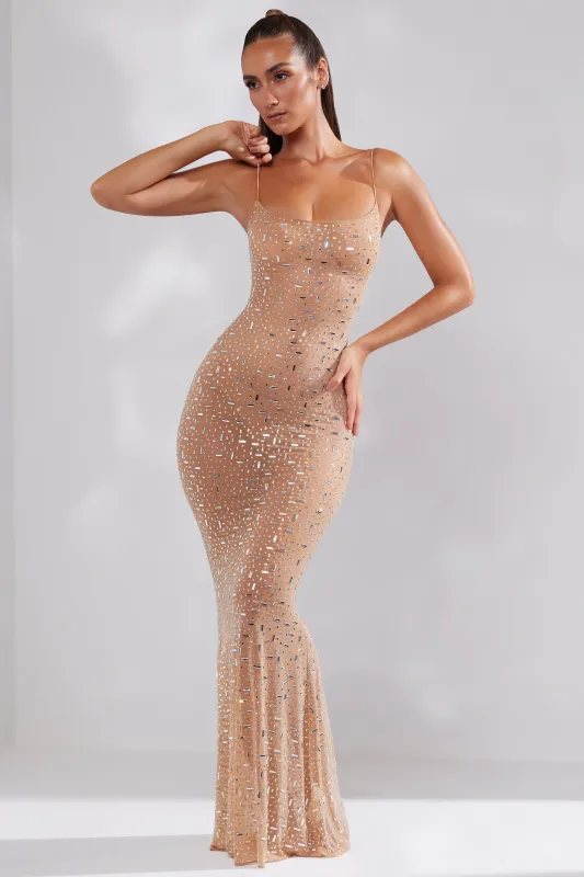 Sheer Embellished Scoop Neck Evening Gown in Honey made by Oh Polly
