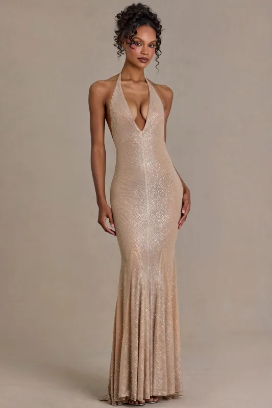 Embellished Plunge-Neck Open-Back Gown in Sand made by Oh Polly