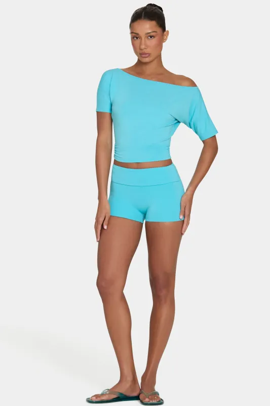 ButterCloud™ Mini Foldover Shorts in Aqua made by Bo + Tee