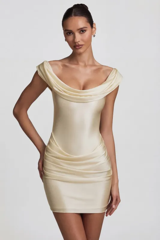 Satin Off-Shoulder Draped Mini Dress in Pearl made by Oh Polly