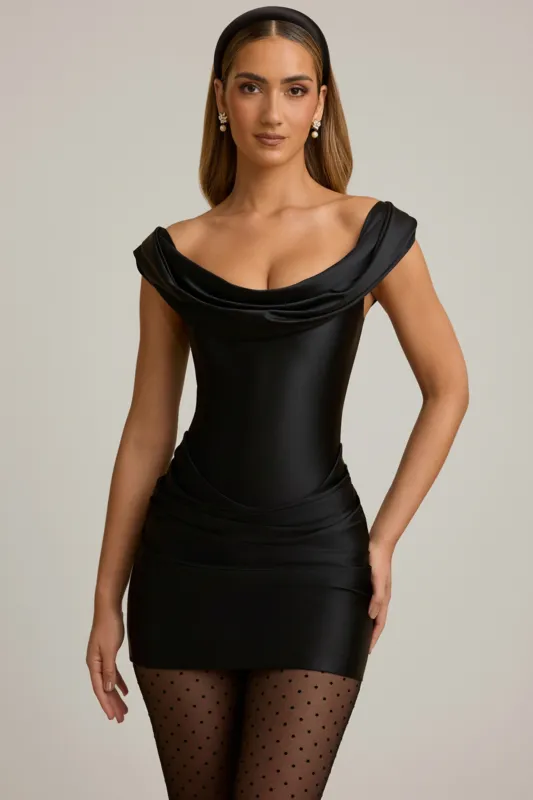 Satin Off-Shoulder Draped Mini Dress in Black made by Oh Polly