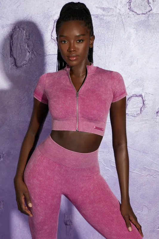 Short Sleeve Zip Crop Top in Dark Pink sold by Oh Polly